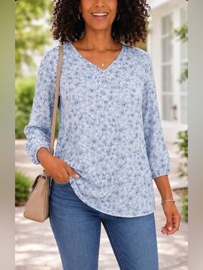 Mario Serrani Light Blue Floral V-Neck Blouse size XL